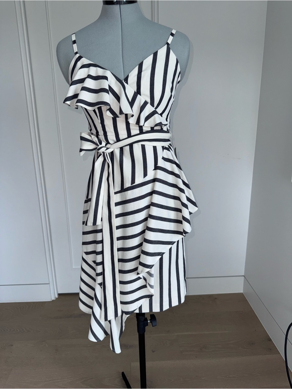 Dress - Chelsea 28 Striped Black & White Ruffle Wrap Dress